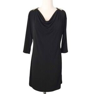 NWT Michael Kors Black & Gold Zipper Shoulder Cowl Neck 3/4-Sleeve Mini Dress- S